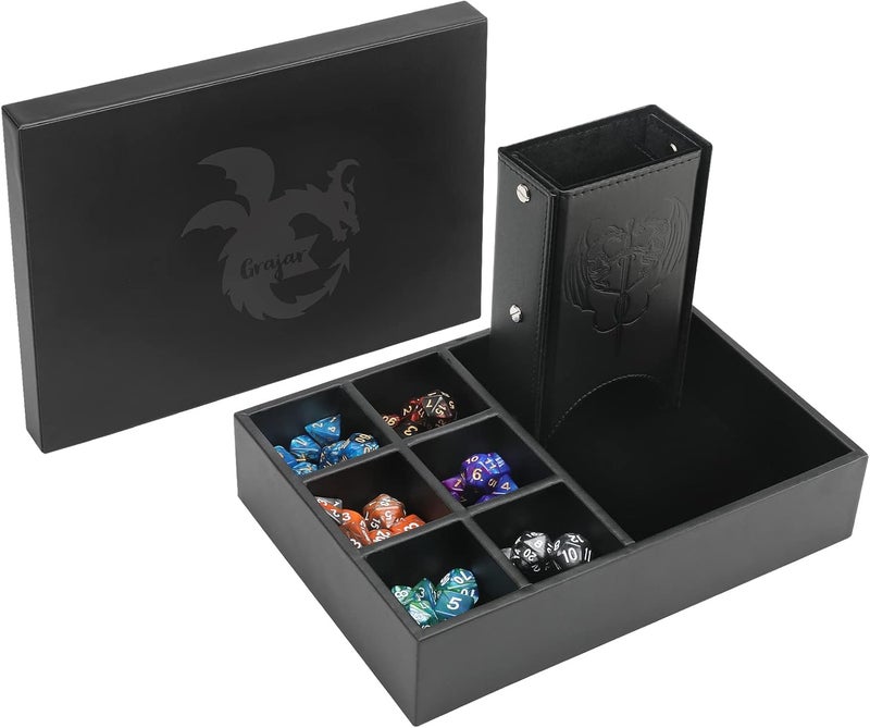 Grajar 3 in 1 Dice Tray with Lid, Portable Dice Box Storage, DND Dice Holder for Dungeons and Dragons D&D RPG MTG Table Games (Black) - Image 1